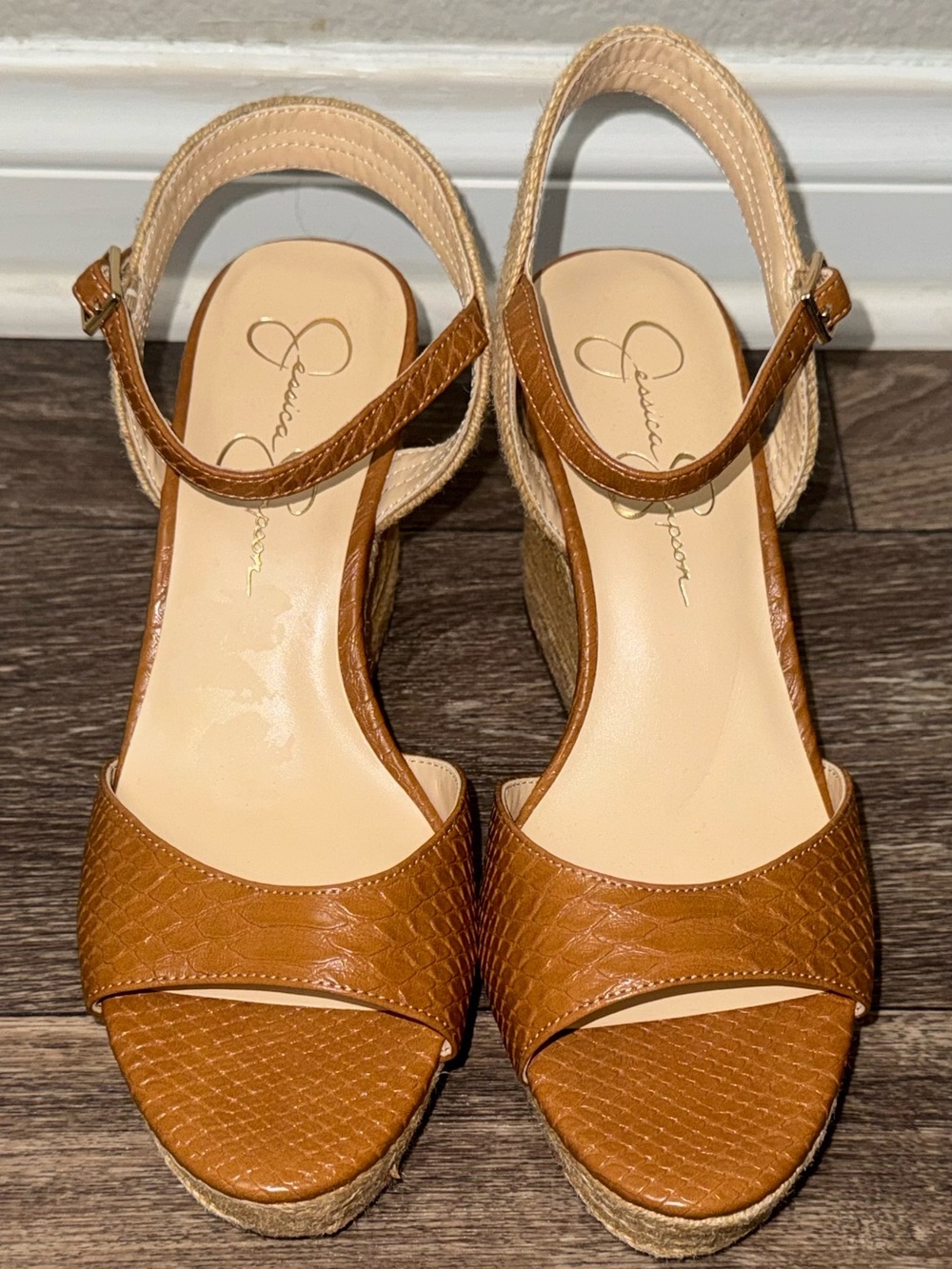 Jessica Simpson Brown Woven Leather Wedge Sandals